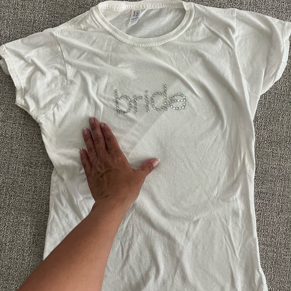 Gildan White Women's Tee with Rhinestone "bride" Script